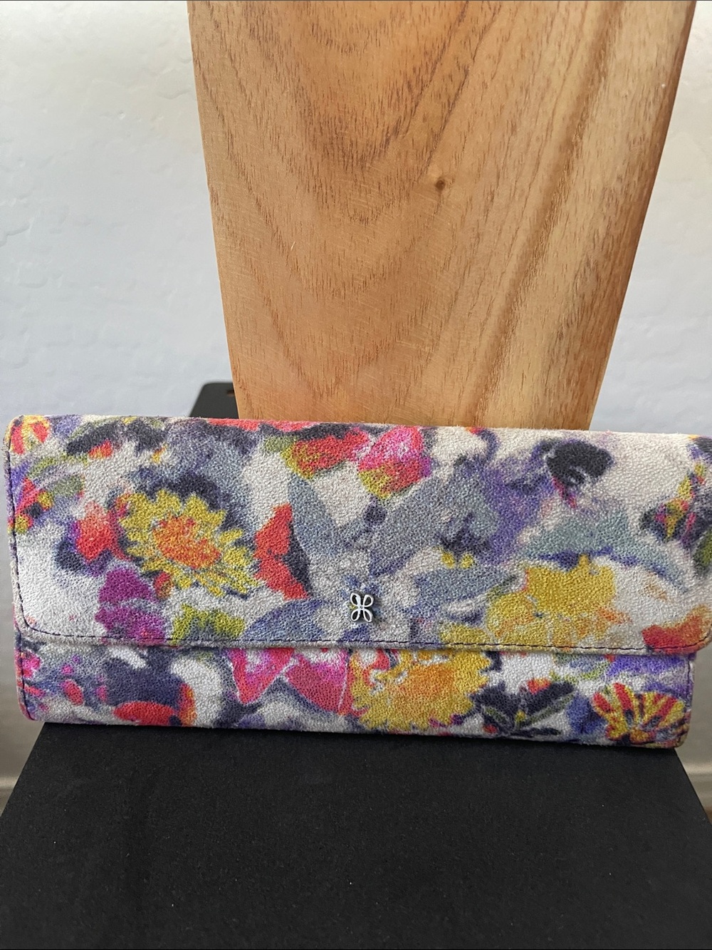 HOBO Floral Suede Fold-Over Clutch Wallet - Yellow Pink Purple Gray